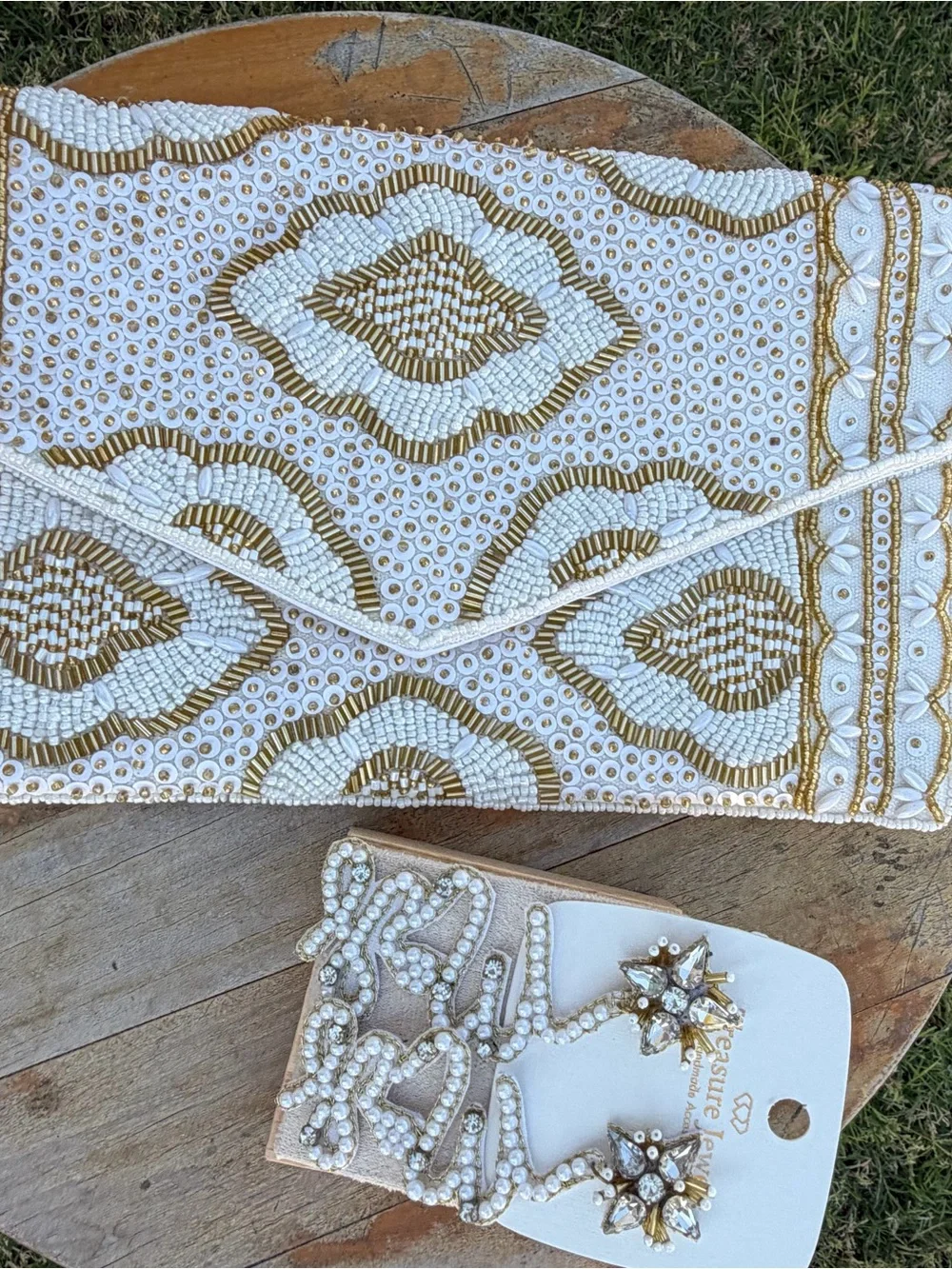 MRS Statement Earrings + White Gold Beaded Clutch